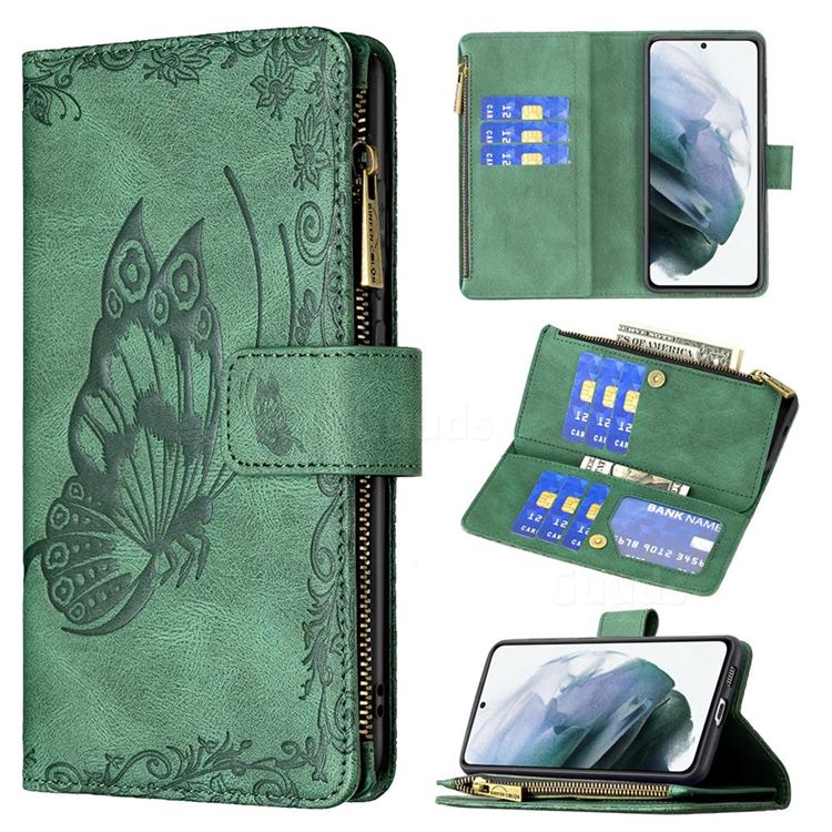 Binfen Color Imprint Vivid Butterfly Buckle Zipper Multi-function Leather Phone Wallet for Samsung Galaxy S21 FE - Green