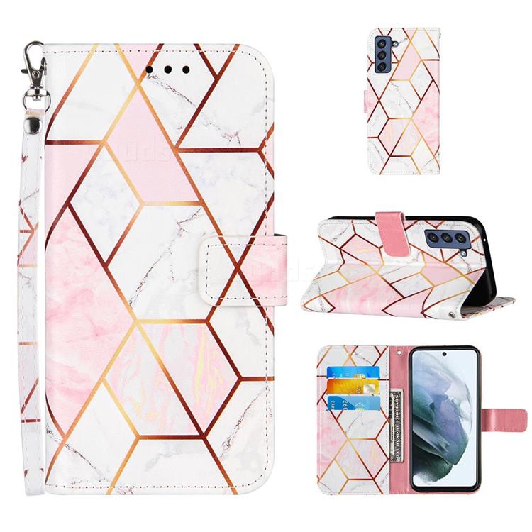 Pink White Stitching Color Marble Leather Wallet Case for Samsung Galaxy S21 FE