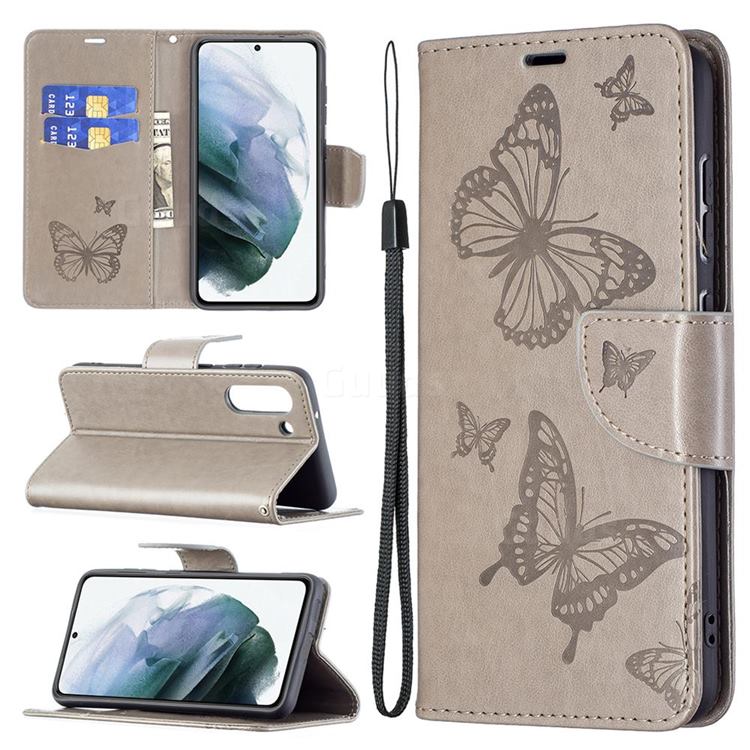 Embossing Double Butterfly Leather Wallet Case for Samsung Galaxy S21 FE - Gray