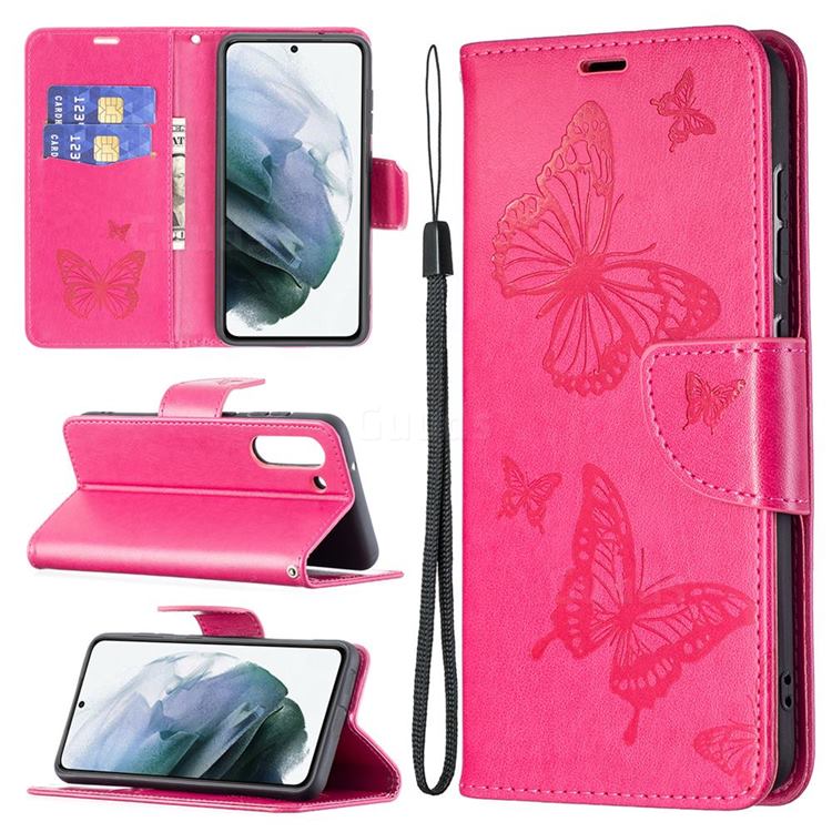 Embossing Double Butterfly Leather Wallet Case for Samsung Galaxy S21 FE - Red