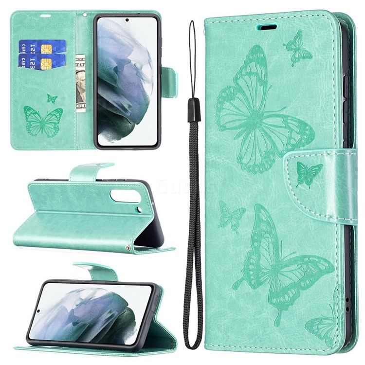 Embossing Double Butterfly Leather Wallet Case for Samsung Galaxy S21 FE - Green