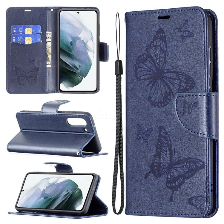 Embossing Double Butterfly Leather Wallet Case for Samsung Galaxy S21 FE - Dark Blue