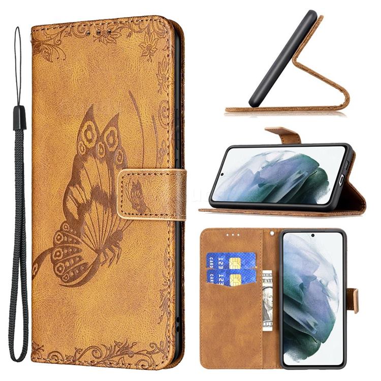 Binfen Color Imprint Vivid Butterfly Leather Wallet Case for Samsung Galaxy S21 FE - Brown