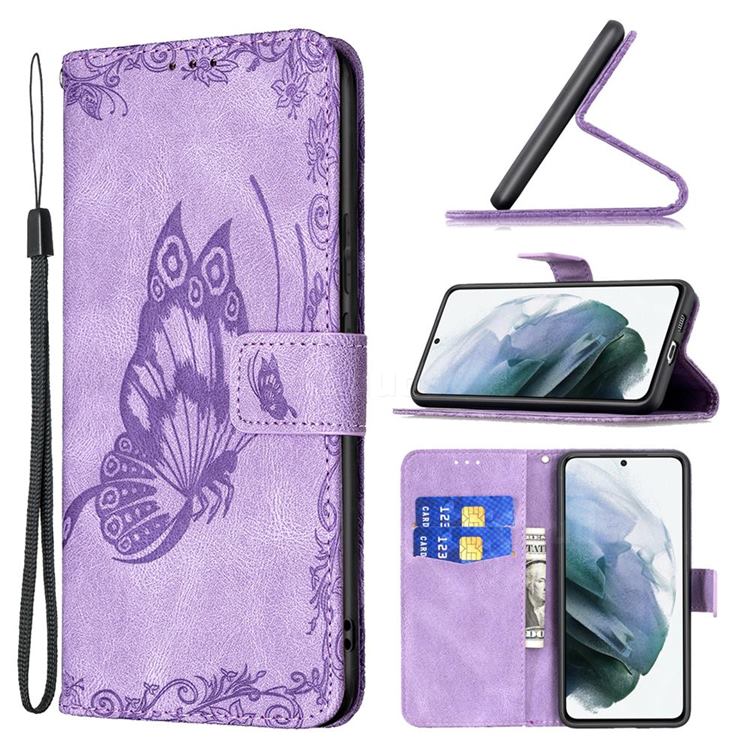 Binfen Color Imprint Vivid Butterfly Leather Wallet Case for Samsung Galaxy S21 FE - Purple