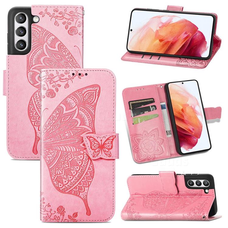 Embossing Mandala Flower Butterfly Leather Wallet Case for Samsung Galaxy S21 FE - Pink