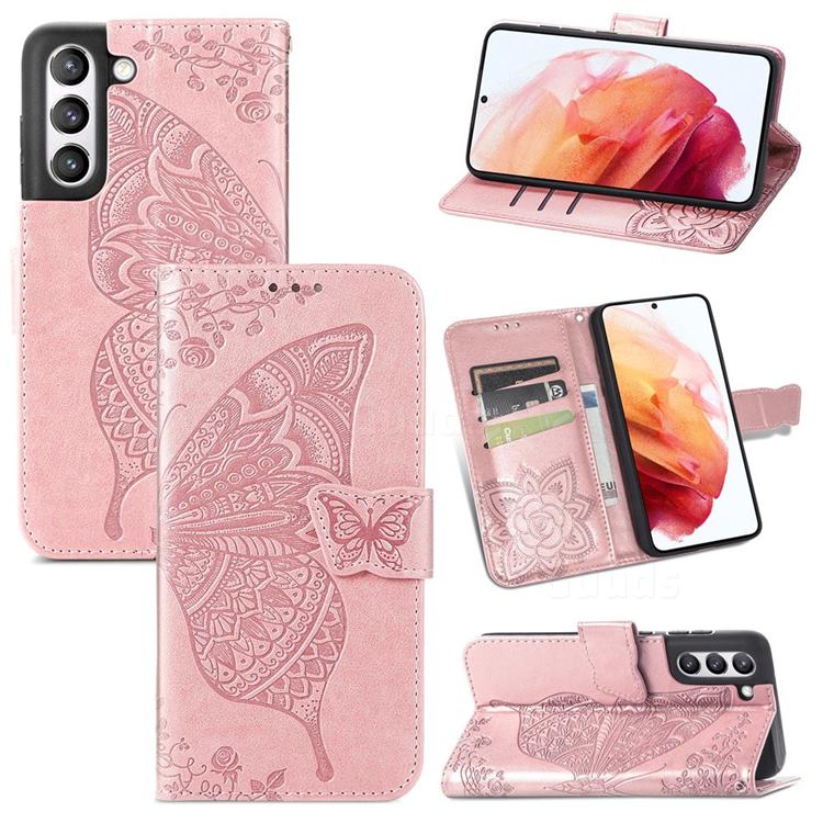 Embossing Mandala Flower Butterfly Leather Wallet Case for Samsung Galaxy S21 FE - Rose Gold