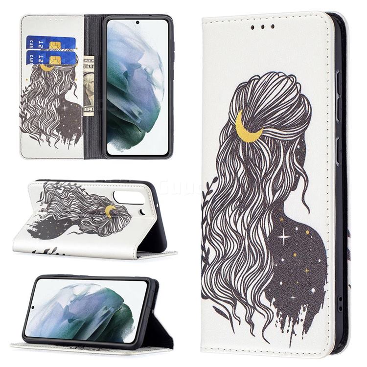 Girl with Long Hair Slim Magnetic Attraction Wallet Flip Cover for Samsung Galaxy S21 FE