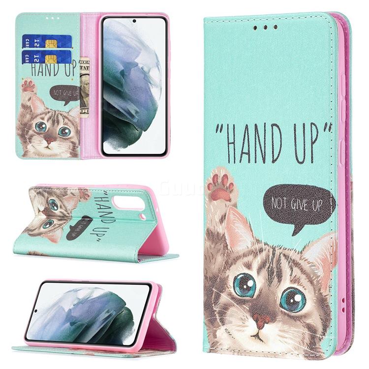 Hand Up Cat Slim Magnetic Attraction Wallet Flip Cover for Samsung Galaxy S21 FE