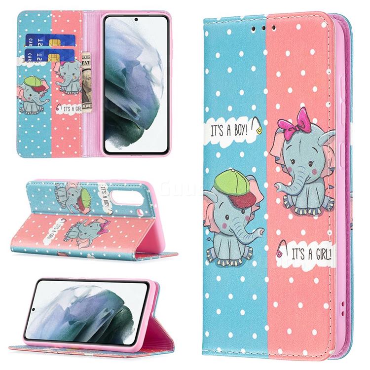 Elephant Boy and Girl Slim Magnetic Attraction Wallet Flip Cover for Samsung Galaxy S21 FE