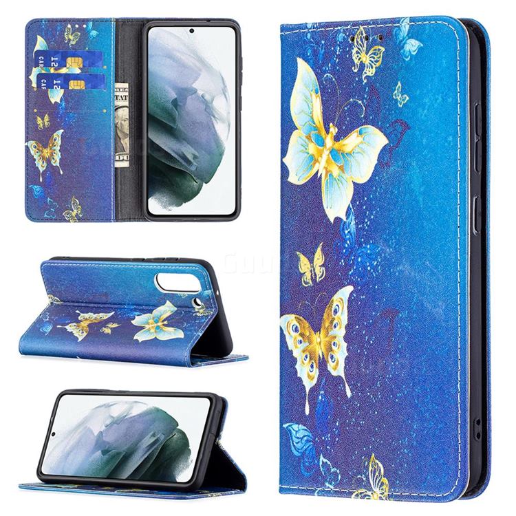 Gold Butterfly Slim Magnetic Attraction Wallet Flip Cover for Samsung Galaxy S21 FE