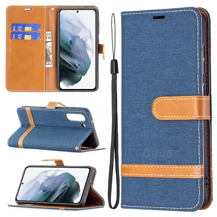 Jeans Cowboy Denim Leather Wallet Case for Samsung Galaxy S21 FE - Dark Blue