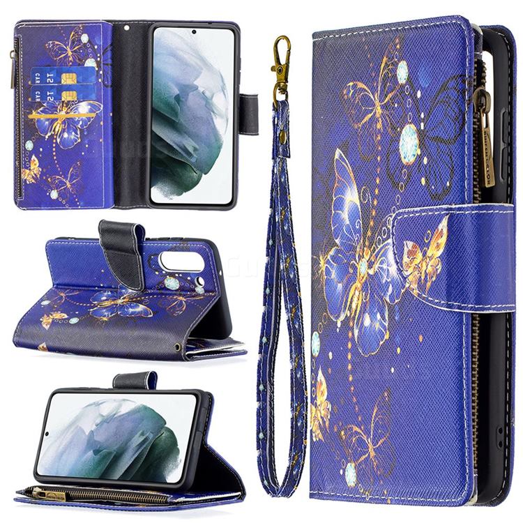 Purple Butterfly Binfen Color BF03 Retro Zipper Leather Wallet Phone Case for Samsung Galaxy S21 FE