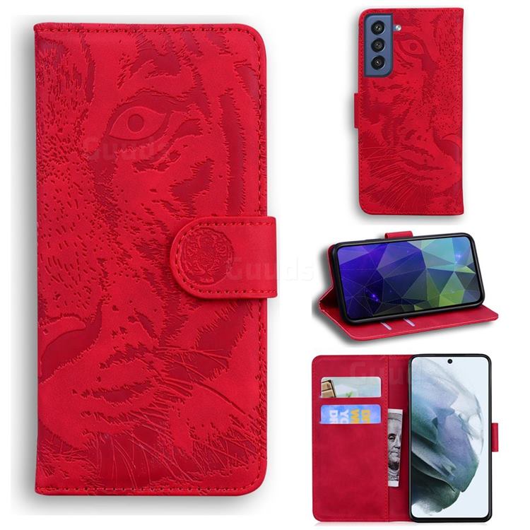 Intricate Embossing Tiger Face Leather Wallet Case for Samsung Galaxy S21 FE - Red