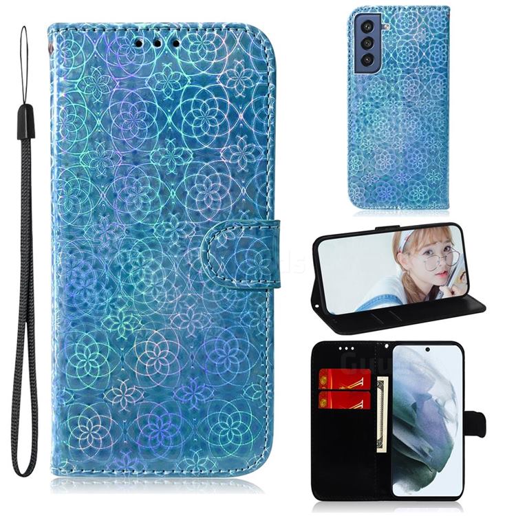 Laser Circle Shining Leather Wallet Phone Case for Samsung Galaxy S21 FE - Blue