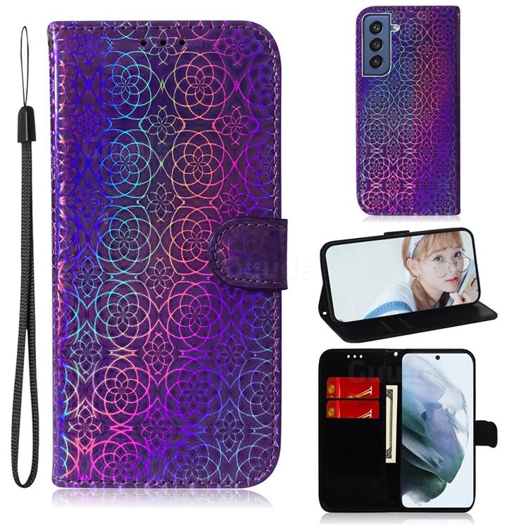 Laser Circle Shining Leather Wallet Phone Case for Samsung Galaxy S21 FE - Purple