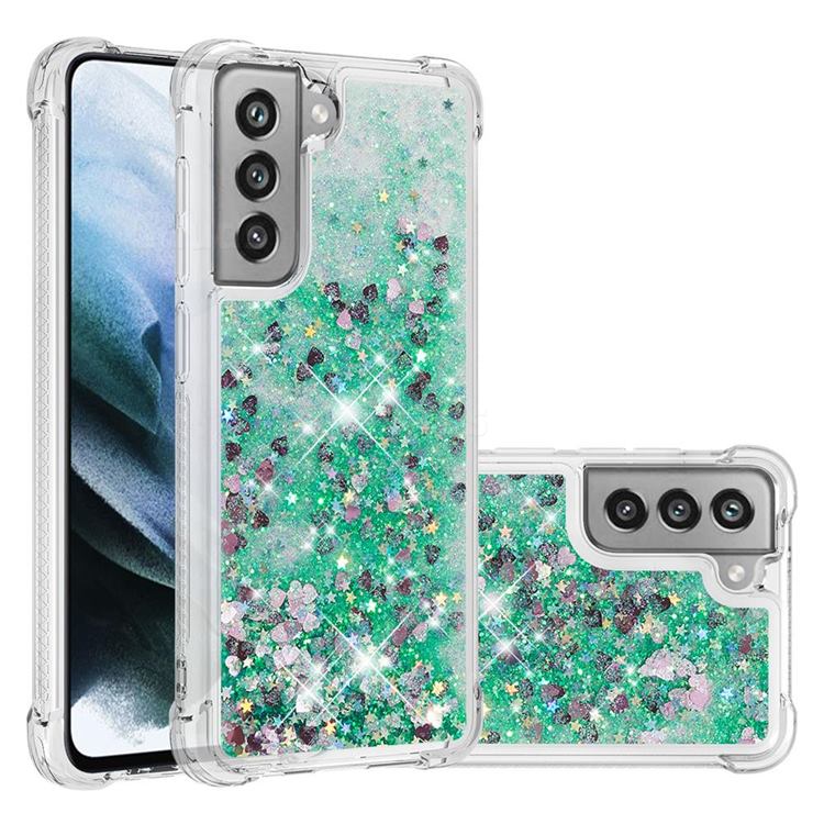 Dynamic Liquid Glitter Sand Quicksand TPU Case for Samsung Galaxy S21 FE - Green Love Heart