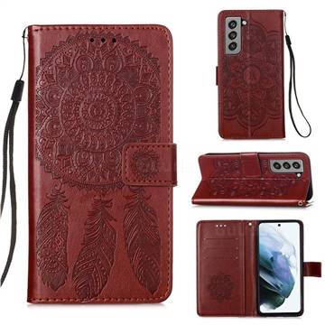 Embossing Dream Catcher Mandala Flower Leather Wallet Case for Samsung Galaxy S21 FE - Brown