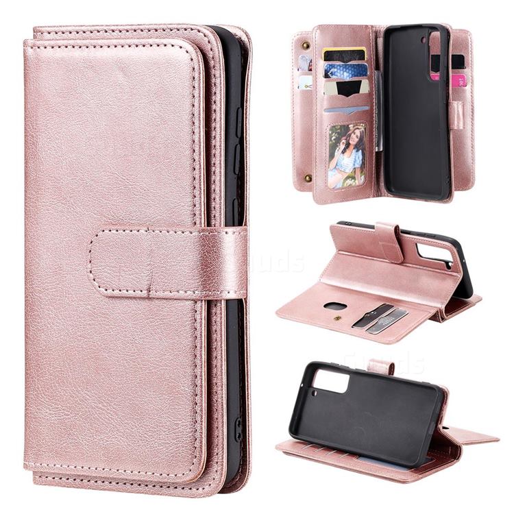Multi-function Ten Card Slots and Photo Frame PU Leather Wallet Phone Case Cover for Samsung Galaxy S21 FE - Rose Gold
