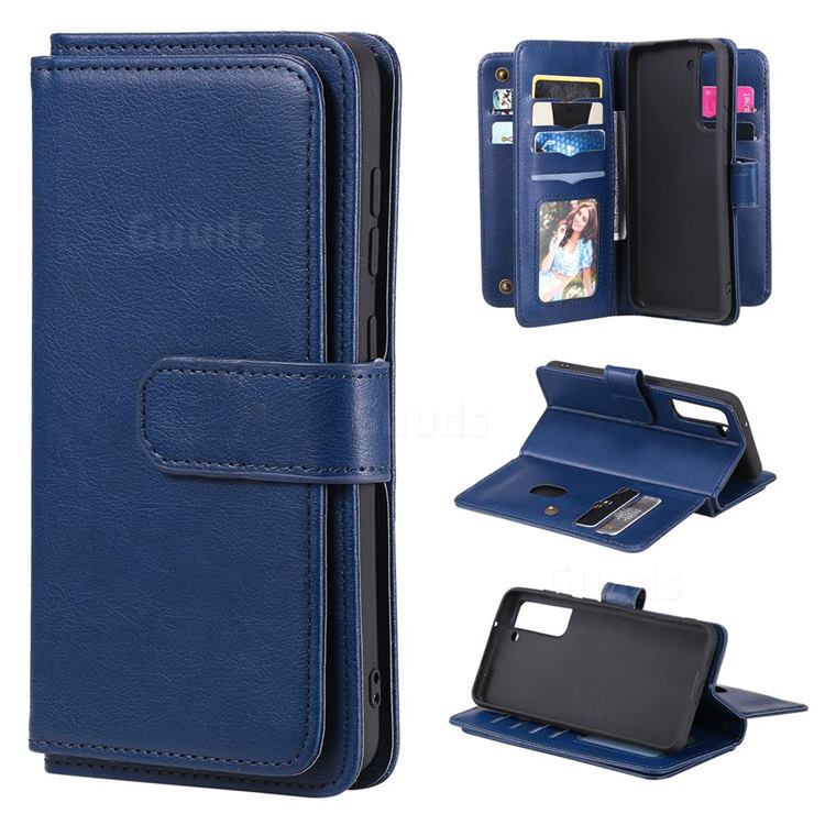 Multi-function Ten Card Slots and Photo Frame PU Leather Wallet Phone Case Cover for Samsung Galaxy S21 FE - Dark Blue