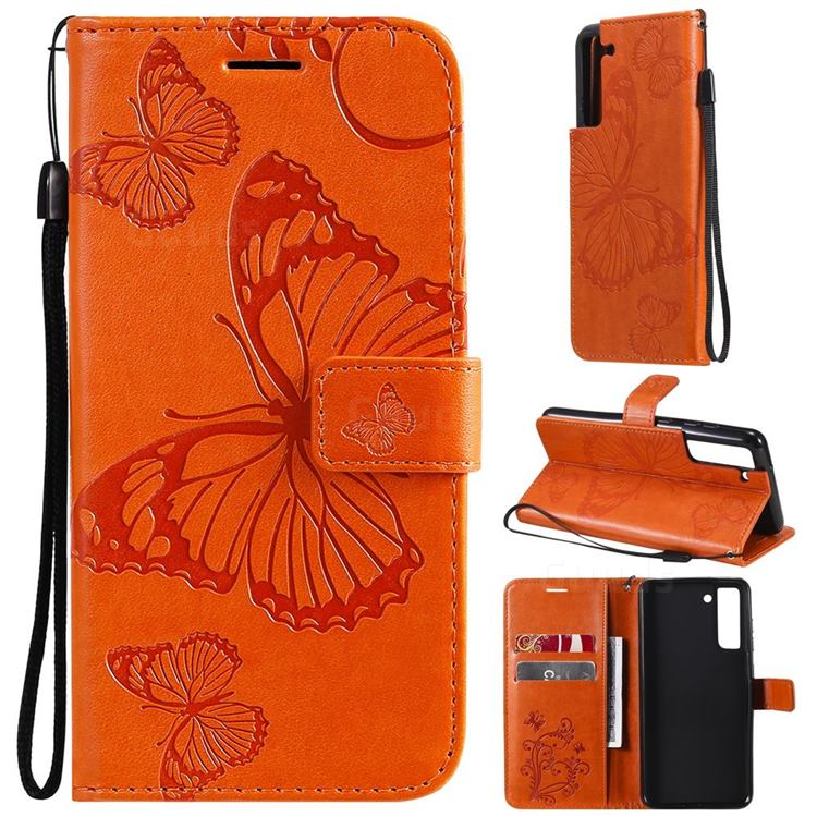 Embossing 3D Butterfly Leather Wallet Case for Samsung Galaxy S21 FE - Orange