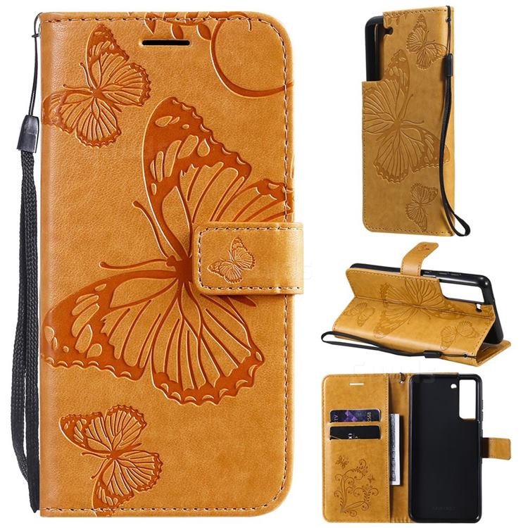 Embossing 3D Butterfly Leather Wallet Case for Samsung Galaxy S21 FE - Yellow