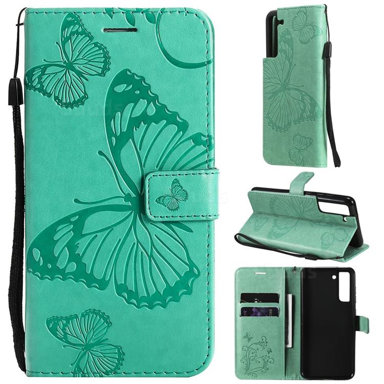 Embossing 3D Butterfly Leather Wallet Case for Samsung Galaxy S21 FE - Green