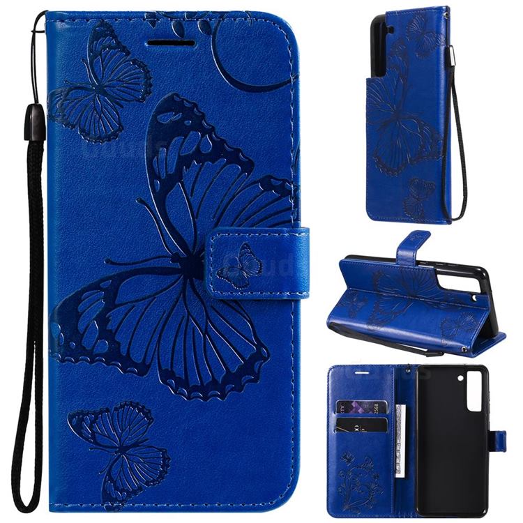 Embossing 3D Butterfly Leather Wallet Case for Samsung Galaxy S21 FE - Blue