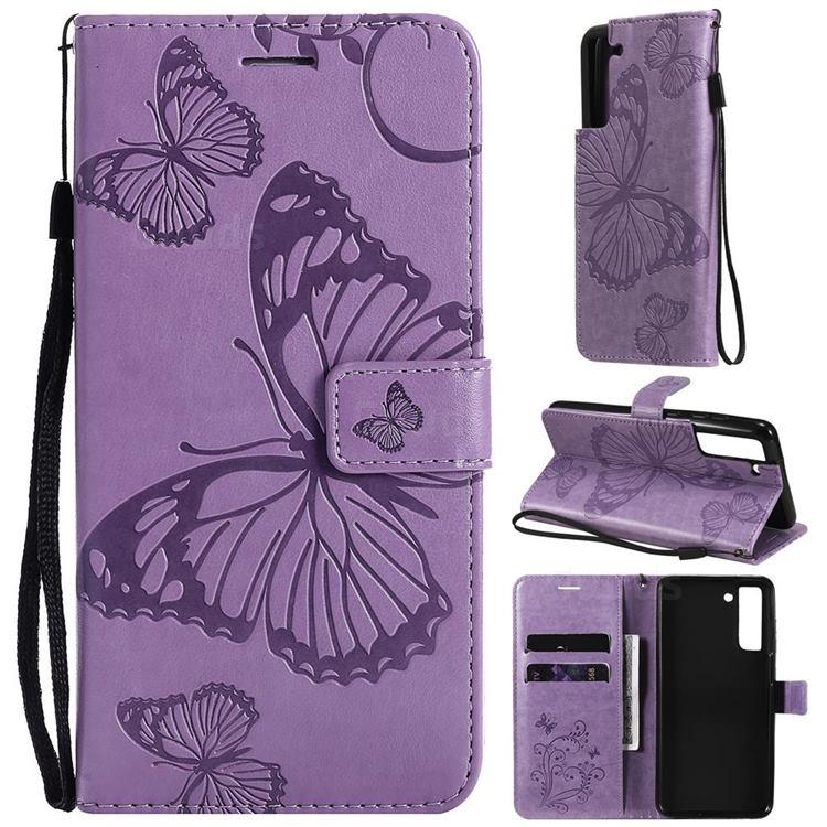 Embossing 3D Butterfly Leather Wallet Case for Samsung Galaxy S21 FE - Purple