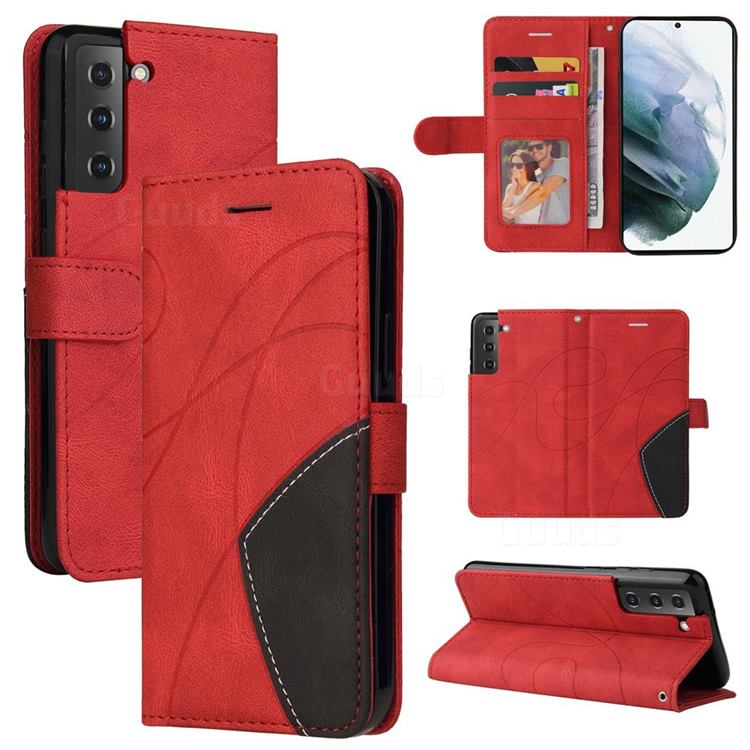 Luxury Two-color Stitching Leather Wallet Case Cover for Samsung Galaxy S21 FE - Red