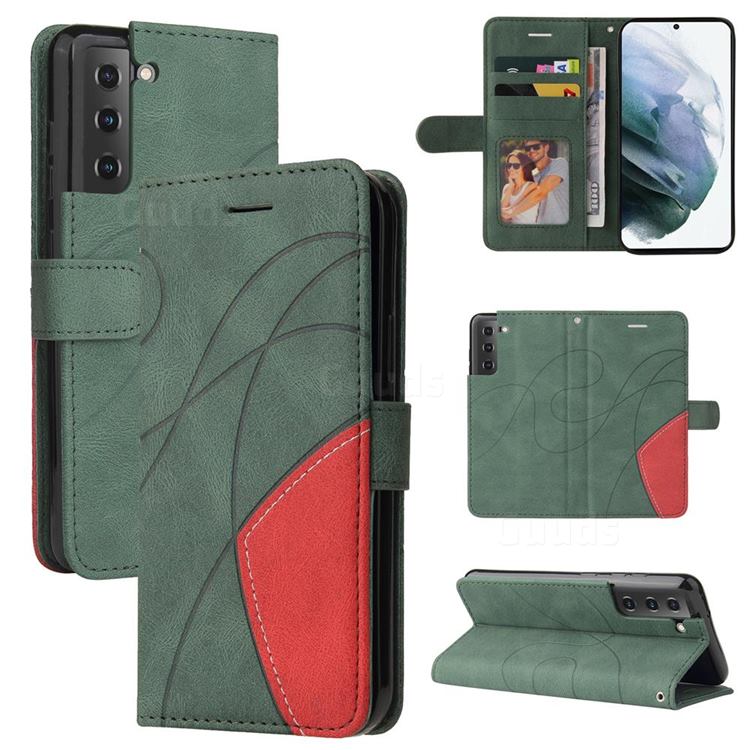 Luxury Two-color Stitching Leather Wallet Case Cover for Samsung Galaxy S21 FE - Green
