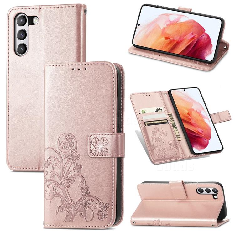 Embossing Imprint Four-Leaf Clover Leather Wallet Case for Samsung Galaxy S21 FE - Rose Gold