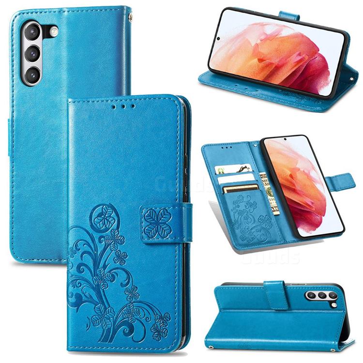 Embossing Imprint Four-Leaf Clover Leather Wallet Case for Samsung Galaxy S21 FE - Blue