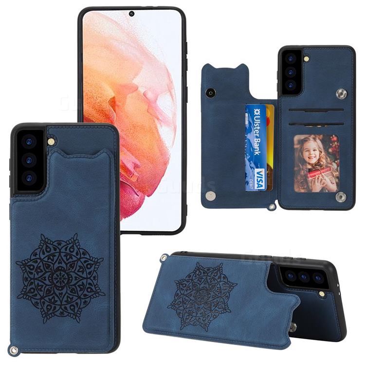 Luxury Mandala Multi-function Magnetic Card Slots Stand Leather Back Cover for Samsung Galaxy S21 FE - Blue