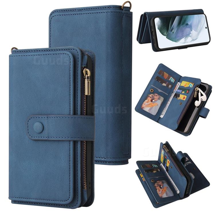 Luxury Multi-functional Zipper Wallet Leather Phone Case Cover for Samsung Galaxy S21 FE - Blue