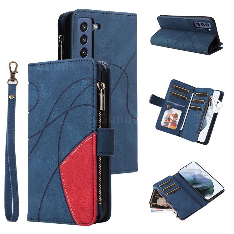 Luxury Two-color Stitching Multi-function Zipper Leather Wallet Case Cover for Samsung Galaxy S21 FE - Blue