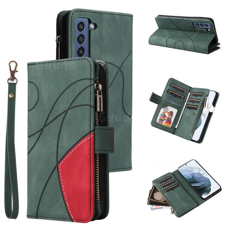 Luxury Two-color Stitching Multi-function Zipper Leather Wallet Case Cover for Samsung Galaxy S21 FE - Green