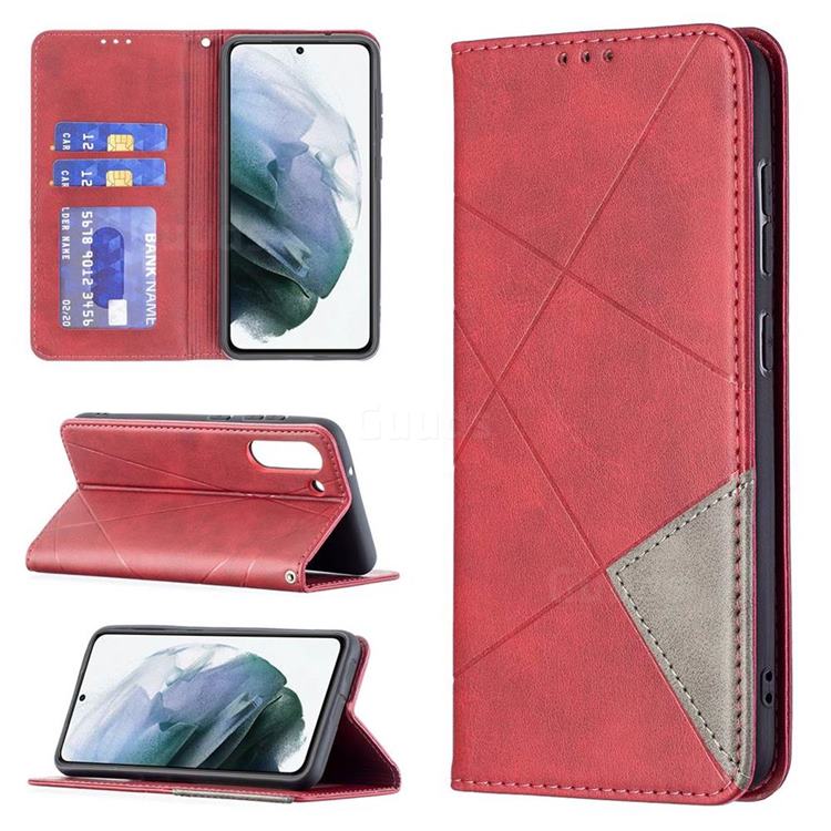 Prismatic Slim Magnetic Sucking Stitching Wallet Flip Cover for Samsung Galaxy S21 FE - Red