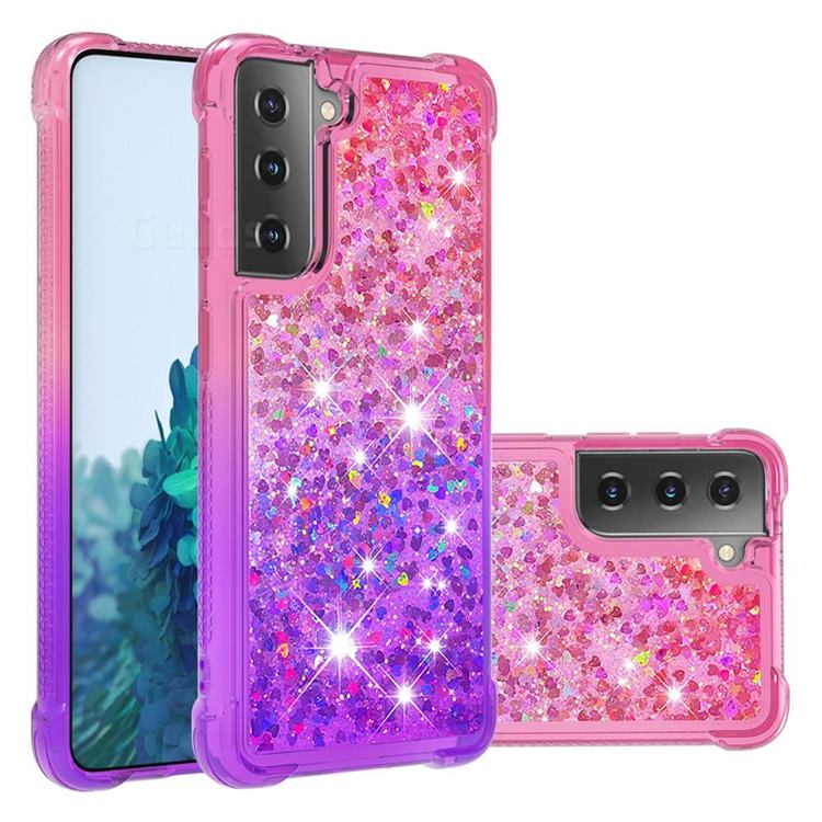 Rainbow Gradient Liquid Glitter Quicksand Sequins Phone Case for Samsung Galaxy S21 Plus - Pink Purple