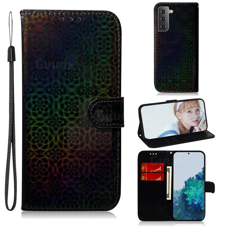 Laser Circle Shining Leather Wallet Phone Case for Samsung Galaxy S21 Plus / S30 Plus - Black