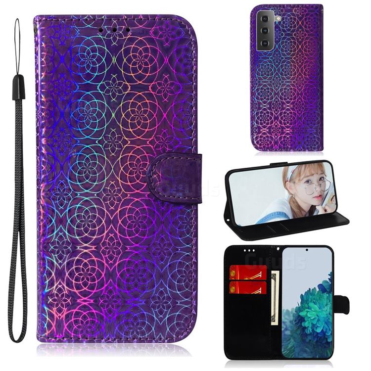 Laser Circle Shining Leather Wallet Phone Case for Samsung Galaxy S21 Plus / S30 Plus - Purple