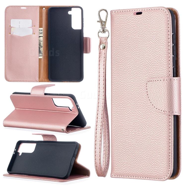 Classic Luxury Litchi Leather Phone Wallet Case for Samsung Galaxy S21 Plus / S30 Plus - Golden