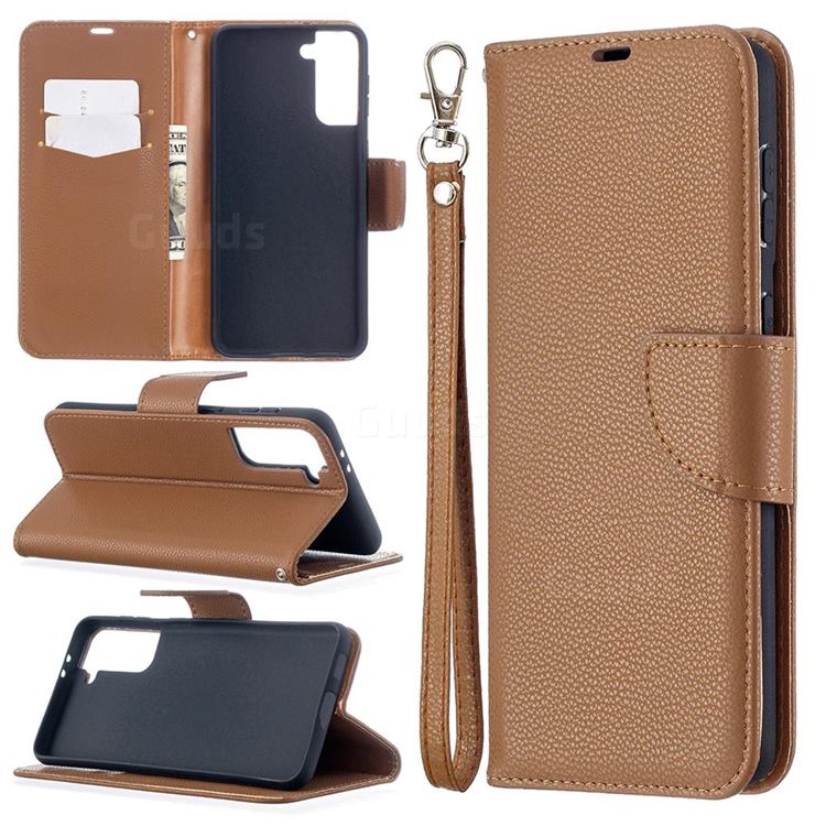 Classic Luxury Litchi Leather Phone Wallet Case for Samsung Galaxy S21 Plus / S30 Plus - Brown
