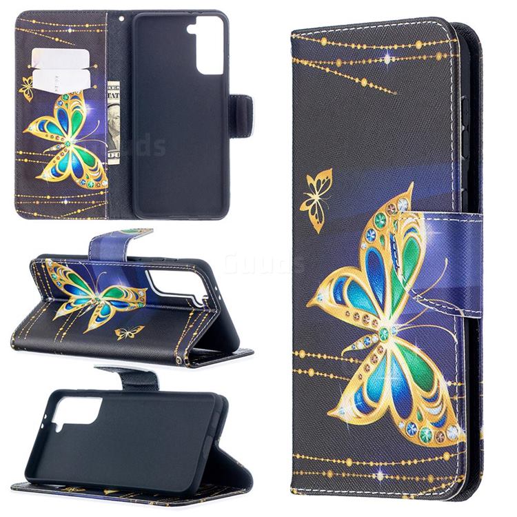 Golden Shining Butterfly Leather Wallet Case for Samsung Galaxy S21 Plus / S30 Plus