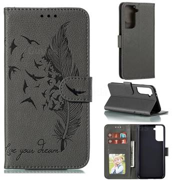 Intricate Embossing Lychee Feather Bird Leather Wallet Case for Samsung Galaxy S21 Plus / S30 Plus - Gray