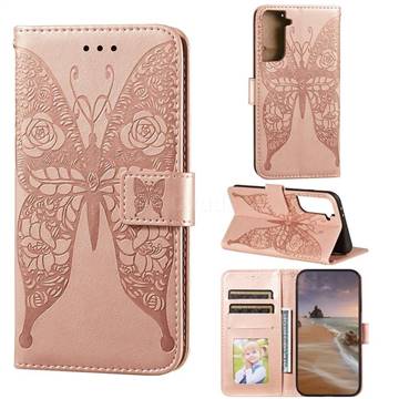 Intricate Embossing Rose Flower Butterfly Leather Wallet Case for Samsung Galaxy S21 Plus / S30 Plus - Rose Gold