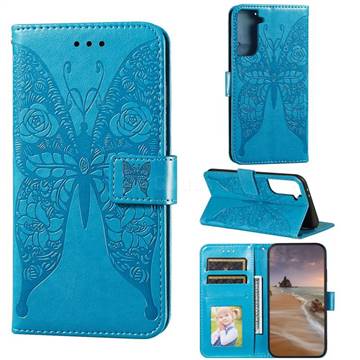Intricate Embossing Rose Flower Butterfly Leather Wallet Case for Samsung Galaxy S21 Plus / S30 Plus - Blue