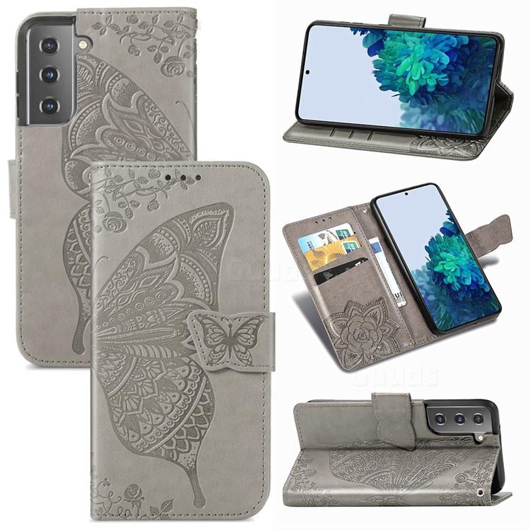 Embossing Mandala Flower Butterfly Leather Wallet Case for Samsung Galaxy S21 Plus / S30 Plus - Gray