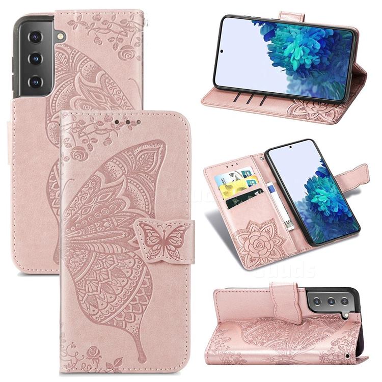 Embossing Mandala Flower Butterfly Leather Wallet Case for Samsung Galaxy S21 Plus / S30 Plus - Rose Gold