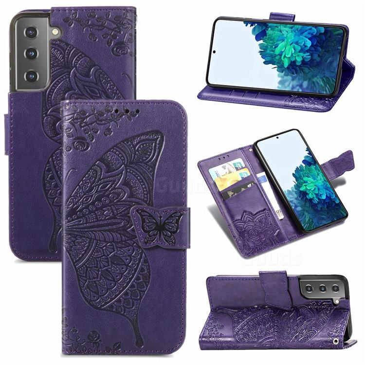 Embossing Mandala Flower Butterfly Leather Wallet Case for Samsung Galaxy S21 Plus / S30 Plus - Dark Purple