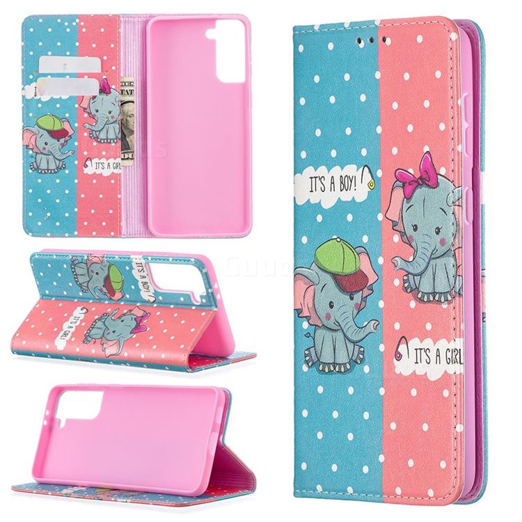 Elephant Boy and Girl Slim Magnetic Attraction Wallet Flip Cover for Samsung Galaxy S21 Plus / S30 Plus